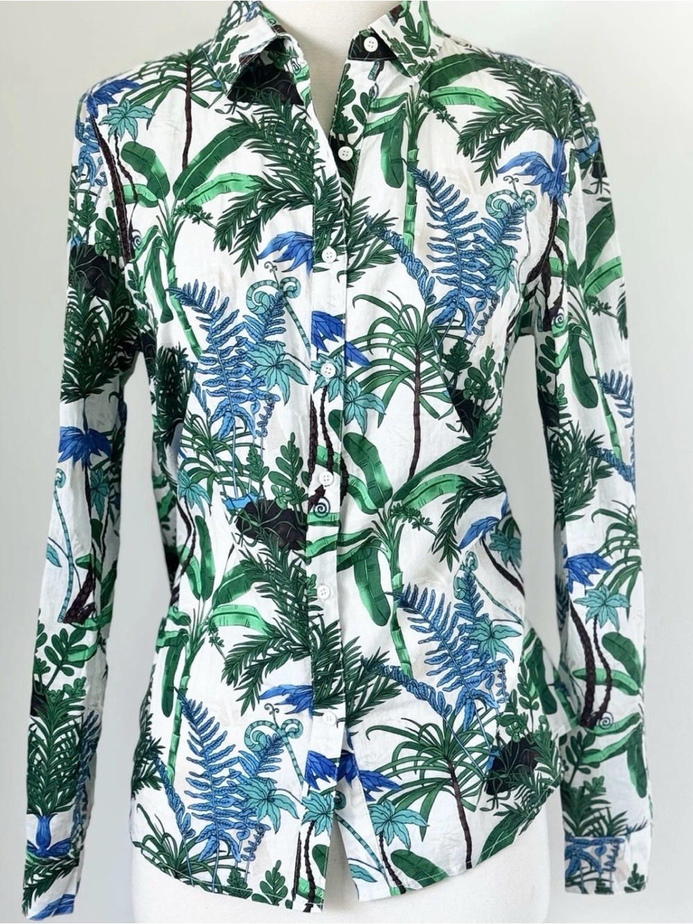 J McLaughlin Lois Blouse Womens Medium  Palm Forest Button Front Tropical